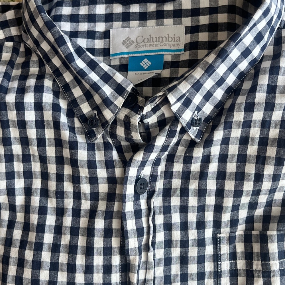 Columbia Button Down XXL Mens Gingham Stretch Long Sleeve Navy Blue Hiking